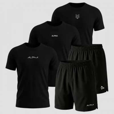 Kit 5 Peças All Black Dry — 3 Camisetas e 2 Bermudas Alpha