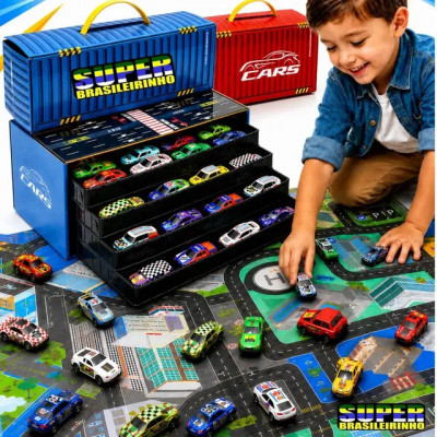 Maleta 48 Carrinhos + Tapete Pista 40x60 Estacionamento - Super Brasileirinho