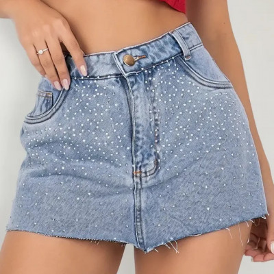 Short Saia Jeans Strass Espalhados Brilho Cintura Alta — review