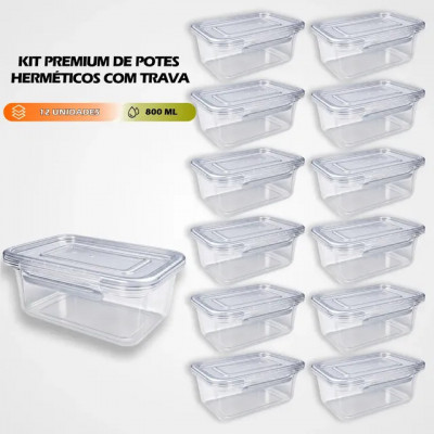 Kit 12 Marmitas 800ml - Potes Trava Lateral, Freezer e Micro-ondas, Transparente