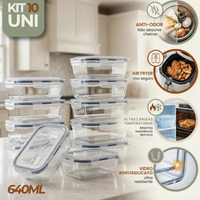 Kit 10 Pote De Vidro Marmita Hermético 640ml Freezer Fitness Rishon — Organização e conservação de refeições