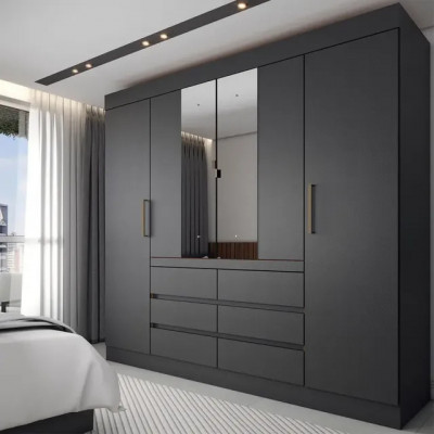 Guarda-roupa Casal Honey 4 Portas 6 Gavetas com Espelho — Preto/Amêndola