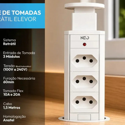 Torre 3 Tomadas Embutir Retrátil Elevor Para Bancada Branco — Neo Avant