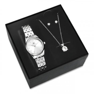 Kit Relógio Colar e Brincos Ponto De Luz Feminino Luxo Silver Saint Germain 28mm — Elegante e Clássico