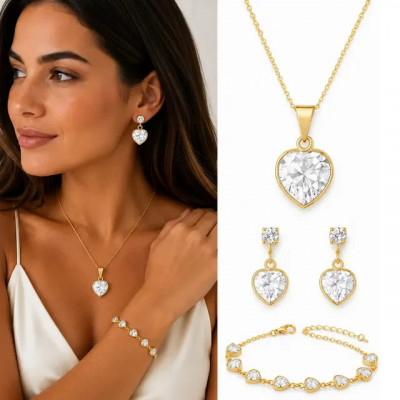 Conjunto Corrente Feminina + Pulseira + Par de Brincos Folheados a Ouro