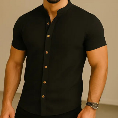 Camisa Manga Curta Gola Padre Masculina Festa Trabalho — visual sóbrio para ocasiões sociais e profissionais