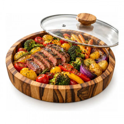 Gamela Madeira Redonda 35cm Churrasco Saladeira com Tampa de Vidro