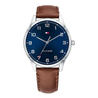 Relógio Tommy Hilfiger 1791659 — moldura marrom com mostrador prateado e azul