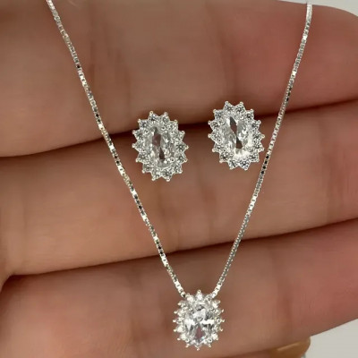 Conjunto Colar e Brinco Ponto de Luz — Prata/Prateado, Feminino