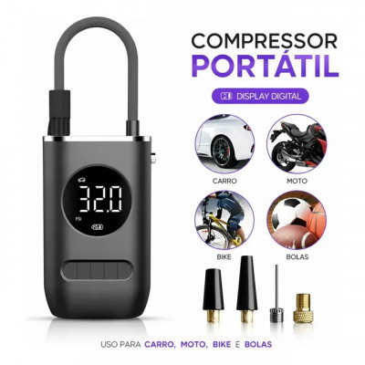 Calibrador de Ar Digital para Pneu Portátil Compressor USB Preto — prático e compacto