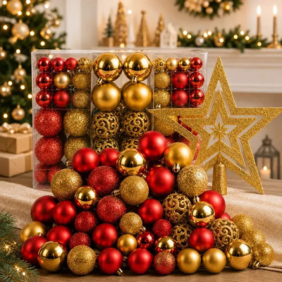 Kit 100 Bolas + Estrela Pendentes para Árvore de Natal Dekasa Premium (Mesclado Vermelho e Dourado)