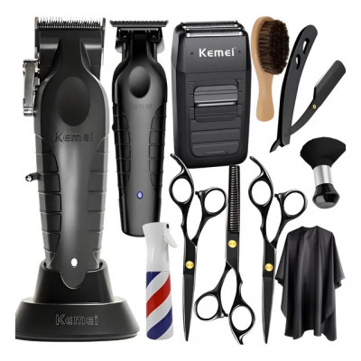 Kit Máquina de Cortar Cabelo Kemei e Tesoura Profissional Preto 127/220v