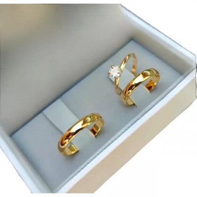 Par de Alianças de Tungstênio 4mm Banhada Ouro 18k com Solitário