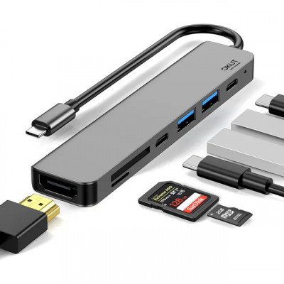 Okut Hub USB-C HDMI SD 3.0 — Adaptador Tipo C para MacBook (Cinza-escuro)