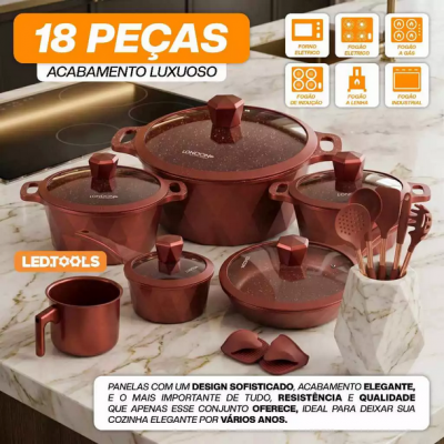 Kit Panelas 18 Peças Antiaderente Tampa Vidro
