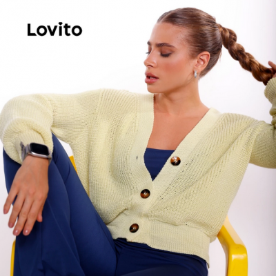 Lovito Cardigan Tricot Decote V com Botões