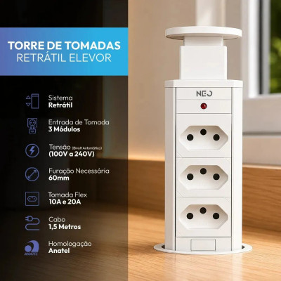 Torre 3 Tomadas Embutir Retrátil Elevor