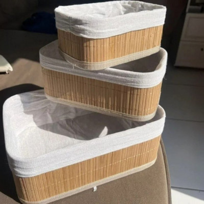 Kit 3 Cestos Organizadores De Bambu Com Forro