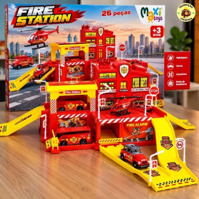 Pista de Carrinhos Infantil Bombeiro com 5 Veiculos e Acessorios Maxi Toys