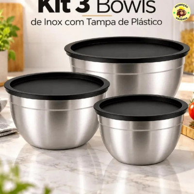 Kit 3 Bowls Inox Com Tampa Hermética