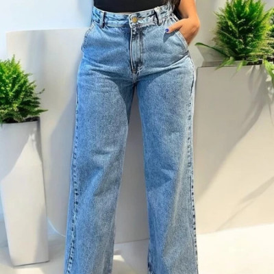 Calça Wide Leg Jeans Marmorizada Cintura Alta