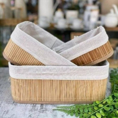 Kit 3 Cestos Organizadores de Bambu Retangulares com Forro Lavável