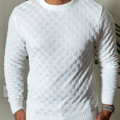 Suéter Masculino Lã Tricot Manga Longa Xadrez