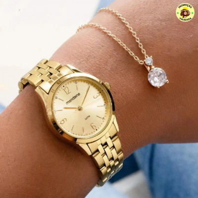 Kit Relógio Mondaine Pequeno Dourado E Colar De Cristal 32720lpmkde1k1