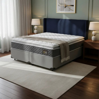 Cama Box Queen + Colchão D45 Pillow Top Cinza