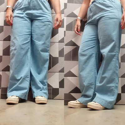 Calça Jeans Pantalona Wide Leg Cos Alto Com Elástico