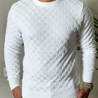 Suéter Masculino Lã Tricot Manga Longa Xadrez