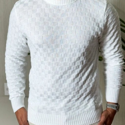 Suéter Masculino Lã Tricot Manga Longa Xadrez