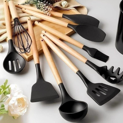 Kit com 12 Utensílios Silicone Cabo Madeira