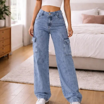 Calça Cargo Wide Leg Cintura Alta Jeans Stillger