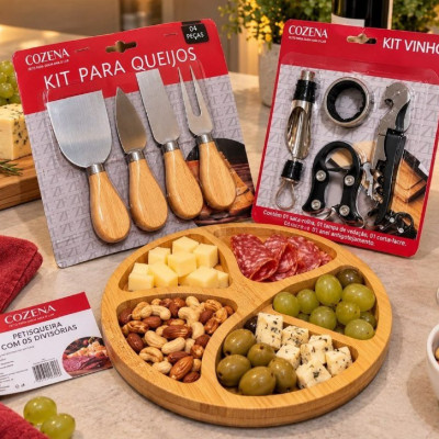 Kit Vinho 4 Peças + 4 Facas P Queijo + Petisqueira Presente