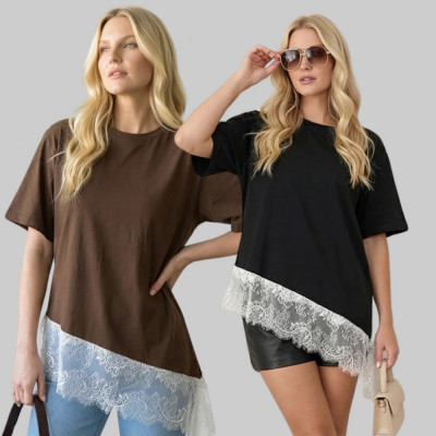 Kit 2 Blusa Feminina Renda Assimétrica Over