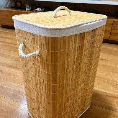 Cesto de Roupa Bambu 72L com Forro de Linho