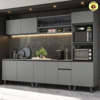 Armário de Cozinha Completa 300cm Cinza Nice Madesa 01