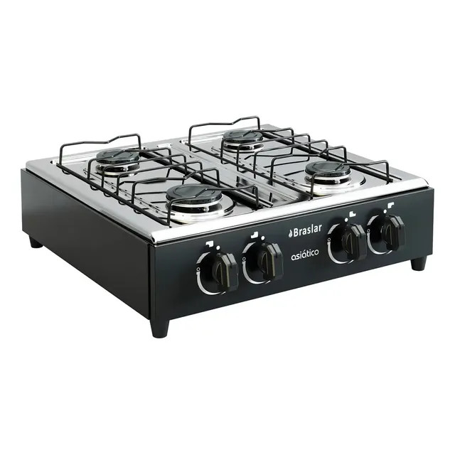 Fogão Cooktop de Mesa Portátil Asiático Braslar — 4 Bocas, Mesa Inox e Acendimento Manual