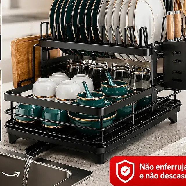 Escorredor de Louça Inoxidável 2 Andares com Drenagem Automática e Bandeja Giratória 360°