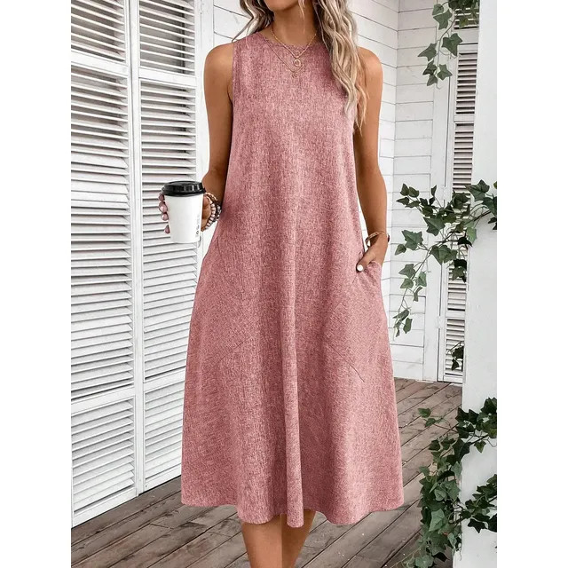 Vestidos Midi de Linho Modernos com Alça Larga e Sem Mangas