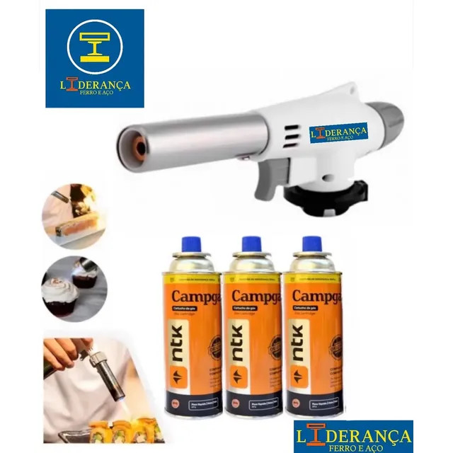 Maçarico Profissional Universal Multiuso Gourmet Portátil com Regulagem de Chamas (Kit com 3 Refil) - Liderança Ferro E Aço