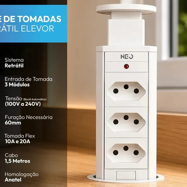 Torre 3 Tomadas Embutir Retrátil Elevor Para Bancada Branco — Neo Avant