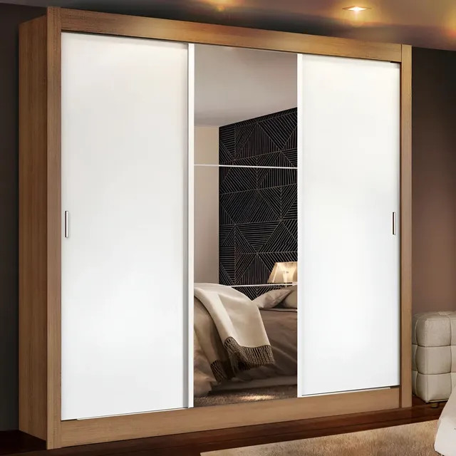 Guarda-Roupa Casal Madesa Mônaco — 3 Portas de Correr com Espelho (Rustic/Branco)