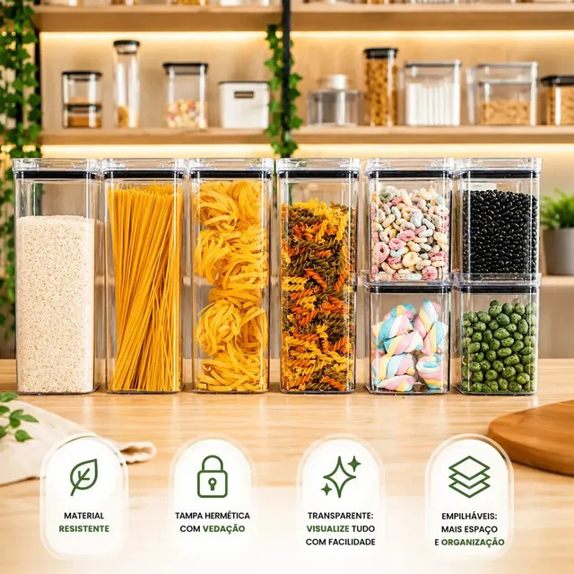 Kit 8 Potes Herméticos Mantimentos Quadrado Cozinha Tampa Vedação Hermética Amobox — Review