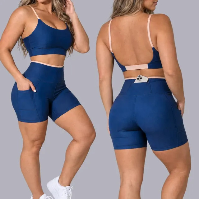 Conjunto Academia Fitness Top e Short Kit Zero Transparência Azul/areia Liso GG 42/44