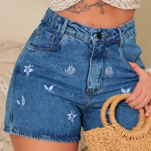 Short Jeans Mom Feminino Boyfriend Bordado Cintura Alta 100% — estilo e conforto em denim