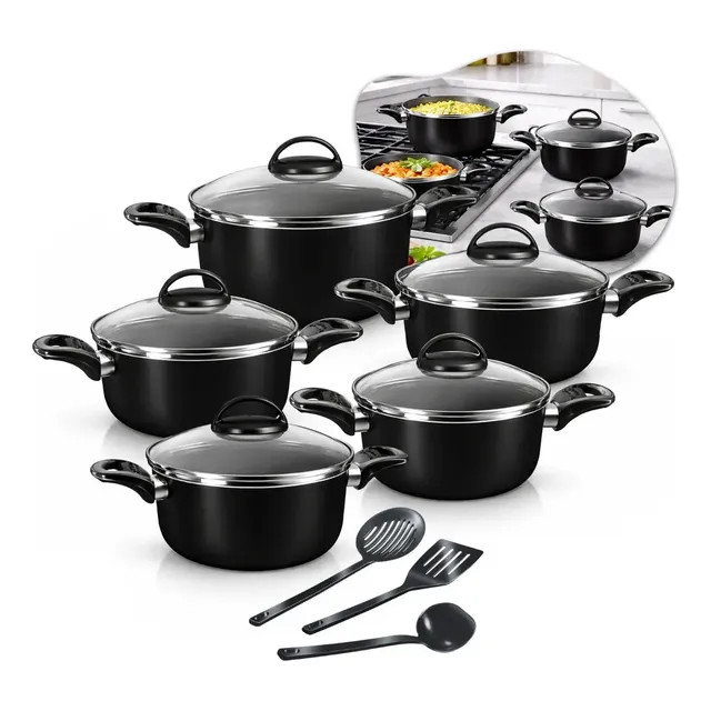 Conjunto de Panelas e Caçarolas 5 Peças Antiaderente com 3 Utensílios e Tampa de Vidro — Preto