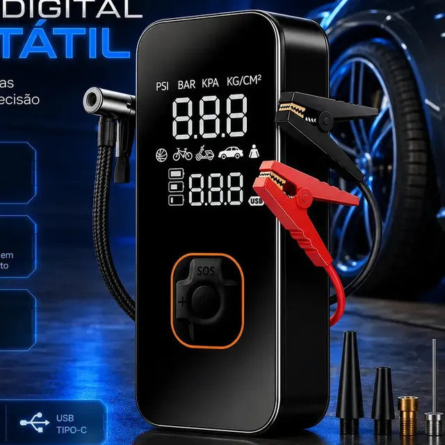 Bomba Elétrica Portátil Digital Para Encher Pneu de Carro, Moto e Bicicleta (Preto)