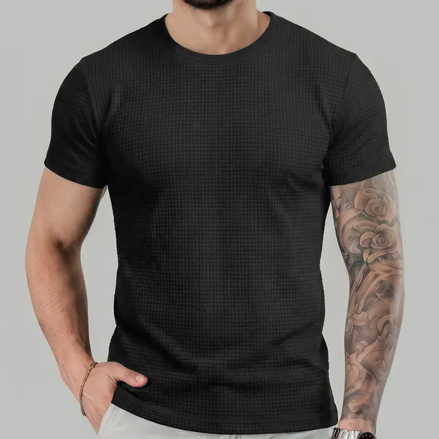Camiseta Canelada Texturizada Quadradinho Masculina Básica Preto G